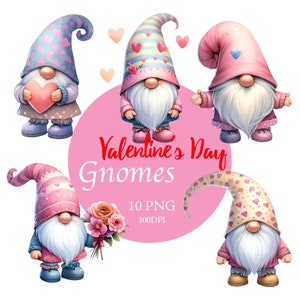 Valentine&#39;s Day Gnomes Clip art, Cute Pastel PNG, Digital Download, Romantic Gnome Graphics, Love and Hearts Theme, Watercolor Gnome