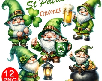 Peut inclure: Douze images numériques de gnomes habillés en vert et blanc pour la Saint-Patrick. Les gnomes tiennent un trèfle, une tasse de café, une lanterne et une chope de bière. Les gnomes sont sur un fond blanc.  Gnomes de la Saint-Patrick.