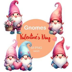 Valentine&#39;s Day Gnomes Clip art, Cute Pastel PNG, Digital Download, Romantic Gnome Graphics, Love and Hearts Theme, Watercolor Gnome