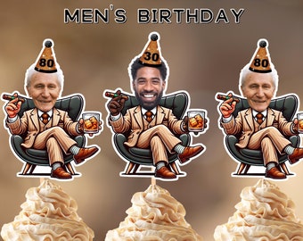 30th, 40h, 50th, 80th Birthday Personalized Face Cupcake Toppers, Adult Man Birthday, Whiskey Cigar Cupcake Toppers, Digital File