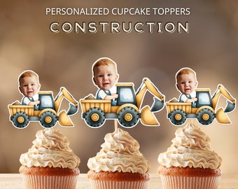 Construction Personalized Face Cupcake Toppers: Construction Birthday Party Decor (Digital File)