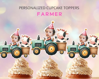 Personalisierte Farmer Baby Geburtstag Cupcake Toppers (Digitale Datei)
