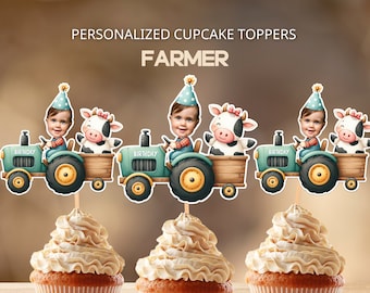 Personalisierte Farmer Baby Gesicht Cupcake Toppers: Bauernhof Geburtstag (Digitale Datei)