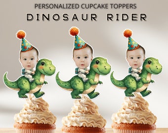 Dinosaur Rider Personalized Face Cupcake Toppers, Birthday Decor, Digital File