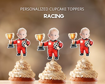 Racing Сhampion Photo Cupcake Toppers Personalized,  Boy Face Toppers, Race Car Birthday Party Decor