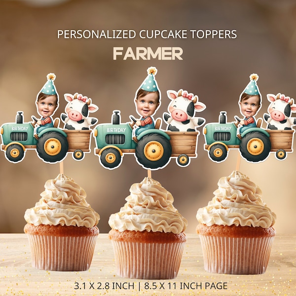 Farmer Baby Boy Face Cupcake Toppers Personalized, Photo Cupcake Toppers, Farm Birthday Decor, Digital File