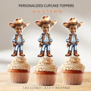 Western Custom Gesicht Cupcake Toppers, Baby Foto Cupcake Toppers, Cowboy Geburtstagsdeko, digitale Datei