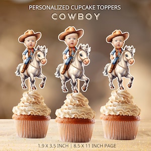 Topper per cupcake con volto da cowboy personalizzato, topper per cupcake con foto di bambini, decorazioni per compleanno western, file digitale