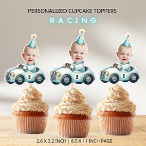 Race Car Photo Cupcake Toppers Personalized,  Blue Car Face Cake toppers, Racing Birthday Party Decor