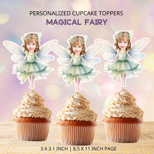 Fairy Personalized Cupcake Toppers,  Photo Cupcake Toppers, Girl Face Toppers, Birthday Decor, Digital File