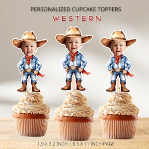 Topper per cupcake con volto da cowboy personalizzato, topper per cupcake con foto di bambini, decorazioni per compleanni western, file digitale