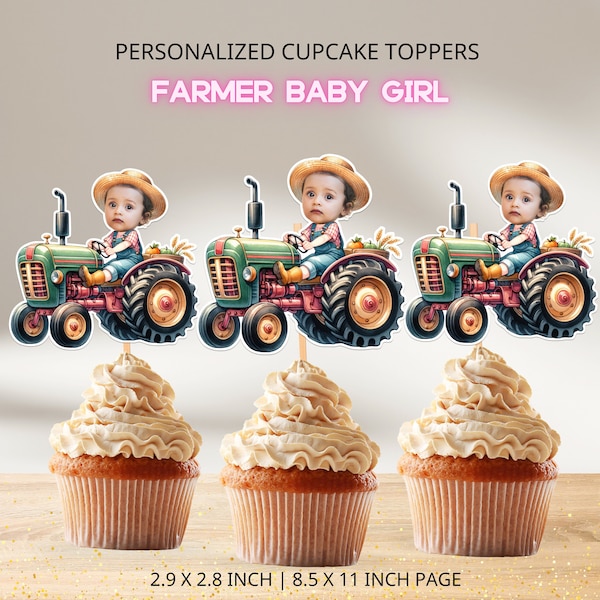 Farmer Baby Girl Face Cupcake Toppers Personalized, Photo Cupcake Toppers, Girl Face Toppers, Farm Birthday Decor, Digital File