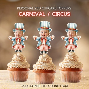 Carnival Personalized Face Cupcake Toppers, Circus Birthday Toppers, Baby Photo Cupcake Toppers, Digital File