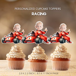 Topper per cupcake con foto di auto da corsa personalizzate, topper per auto rosse con volto di ragazzo, decorazioni per feste di 1° compleanno da corsa