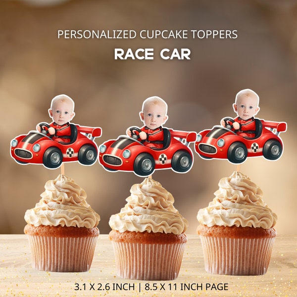 Race Car Photo Cupcake Toppers Personalized,  Boy Face Red Car Toppers, Racing Birthday Party Decor