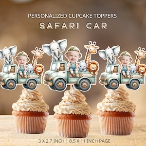 Safari Car Custom Face Cupcake Toppers, Jungle Animals Photo Baby Toppers, Safari Birthday Decor, Digital File