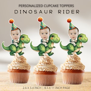 恐竜ライダーのパーソナライズされた顔のカップケーキトッパー、誕生日のデコレーション、デジタルファイル