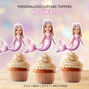 Mermaid Custom Face Cupcake Toppers: Birthday Party Decor (Digital File)