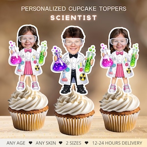 May include: Cupcakes topped with personalized scientist-themed toppers. The toppers feature cartoon figures in lab coats, holding beakers with colorful liquids. The text "PERSONALIZED CUPCAKE TOPPERS" and "SCIENTIST" are displayed at the top.