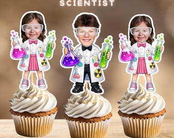 May include: Cupcakes topped with personalized scientist-themed toppers. The toppers feature cartoon figures in lab coats, holding beakers with colorful liquids. The text "PERSONALIZED CUPCAKE TOPPERS" and "SCIENTIST" are displayed at the top.