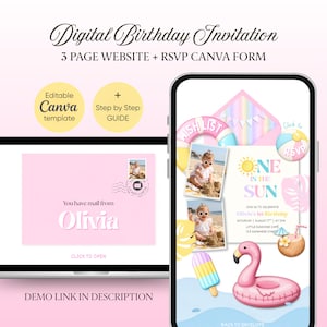 May include: Digital birthday invitation template with a 3-page website and RSVP Canva form. The design features a pink envelope, a phone displaying a birthday party invitation with a flamingo float, and the text "One in the Sun".