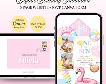 One In The Sun Birthday Website Invitation | Tropical Summer Pool Party | Editable Canva Template