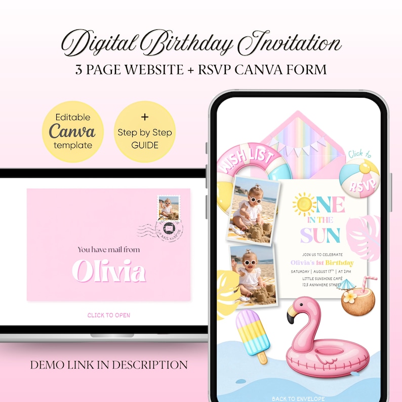 May include: Digital birthday invitation template with a 3-page website and RSVP Canva form. The design features a pink envelope, a phone displaying a birthday party invitation with a flamingo float, and the text "One in the Sun".