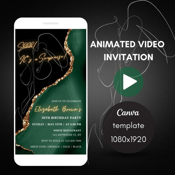 Digital Emerald & Gold Adult Party Invite, Shhh It's a Surprise Birthday Invitation, Electronic 25th, 30th, 40th, 50th Editable Template