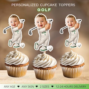 Könnte beinhalten: Cupcakes mit weißem Zuckerguss und Golf-Themen-Toppern mit einem Cartoon-Baby-Golfer. Die Topper tragen den Text "GOLF" und "OLIVER 1". Das Bild enthält auch den Text "PERSONALIZED CUPCAKE TOPPERS", "ANY AGE", "ANY SKIN", "2 SIZES" und "12-24 HOURS DELIVERY".