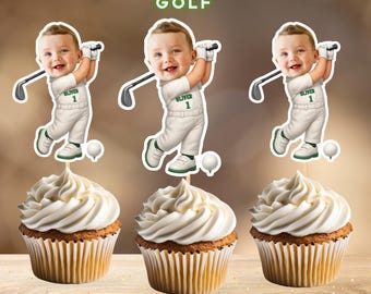 Golf personliga ansikte cupcake toppers, golf födelsedagsdekor, digital fil