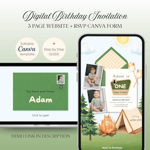May include: Digital birthday invitation template with a camping theme. The design includes a laptop screen with a green envelope and a phone displaying the invitation. The invitation reads "Adam is One" with a campfire and tent illustration.