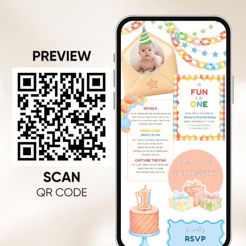 May include: A smartphone screen displays a first birthday invitation with a baby in a party hat. The invitation features colorful text, a cake, and gift illustrations. A QR code and the word "PREVIEW" are on the left.