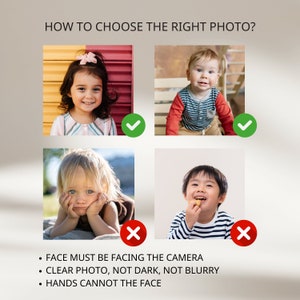 May include: Four photographs of children, two with green tick marks and two with red cross marks. The text below the photos reads: "FACE MUST BE FACING THE CAMERA, CLEAR PHOTO, NOT DARK, NOT BLURRY, HANDS CANNOT THE FACE."