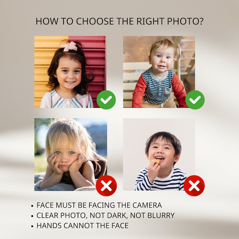May include: Four photographs of children, two with green tick marks and two with red cross marks. The text below the photos reads: "FACE MUST BE FACING THE CAMERA, CLEAR PHOTO, NOT DARK, NOT BLURRY, HANDS CANNOT THE FACE."