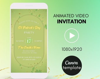 St Patrick's Day Party Invitation, Video EDITABLE template, Digital Animated Paddy's Day Dinner Neon Canva Evite