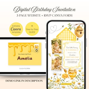 以下が含まれることがあります： デジタル誕生日の招待状テンプレート、テーマは蜂。デザインには、招待状を表示するラップトップとスマートフォンが含まれています。招待状には、赤ちゃんの写真、蜂蜜、デイジーが掲載されています。テキストには「Our little honey is turning 1！」が含まれています。