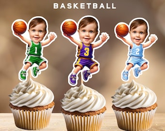 Basketbal gepersonaliseerde gezicht cupcake toppers, basketbalspeler verjaardag decor, digitaal bestand