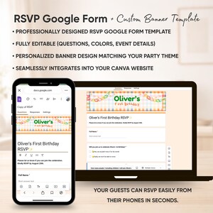 May include: A digital mockup of a birthday party RSVP form on a laptop and smartphone. The form is titled "Oliver's First Birthday" with a colorful banner design. Text on the screen reads "RSVP Google Form + Custom Banner Template."
