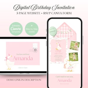May include: Digital birthday invitation template with a pink and white theme. The design includes a goose illustration, a 3-page website, and an RSVP Canva form. The invitation is displayed on a laptop and a smartphone.
