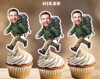 Adornos para cupcakes con cara de excursionista personalizada, decoración para fiesta de cumpleaños de senderismo en la montaña, archivo digital