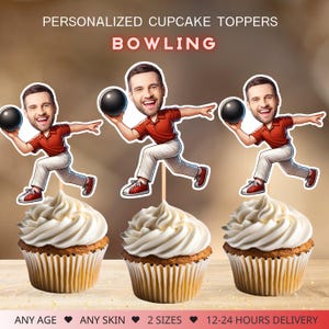 Bowling Personalized Face Cupcake Toppers, Let&#39;s Bowl Party Decor, Digital File