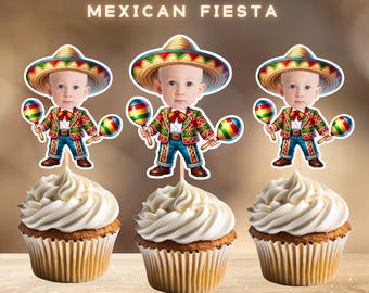 Adornos personalizados para cupcakes con cara de fiesta mexicana (archivo digital)