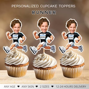 May include: Three personalized cupcake toppers featuring a cartoon runner with the name "Liam" and number "030" on the front of their shirt. The toppers are on toothpicks and are ready to be placed on cupcakes.