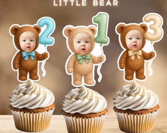 Adornos personalizados para cupcakes con la cara de un osito, decoración de cumpleaños de osito, archivo digital.