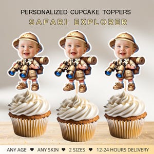 Safari Explorer gepersonaliseerde gezicht cupcake toppers, safari verjaardag decor, digitaal bestand