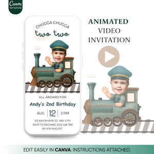 May include: An animated video invitation for a second birthday. The design features a watercolor illustration of a train with a child as the conductor. The invitation includes event details and instructions for editing in Canva.