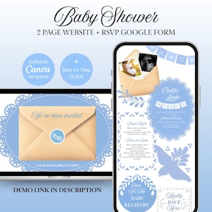 Może przedstawiać: Cyfrowy szablon zaproszenia na baby shower w jasnoniebieskiej i beżowej kolorystyce. Projekt zawiera tekst "Baby Shower", "2 PAGE WEBSITE + RSVP GOOGLE FORM" i "Yo've been invited". Zaproszenie jest wyświetlane na laptopie i smartfonie.