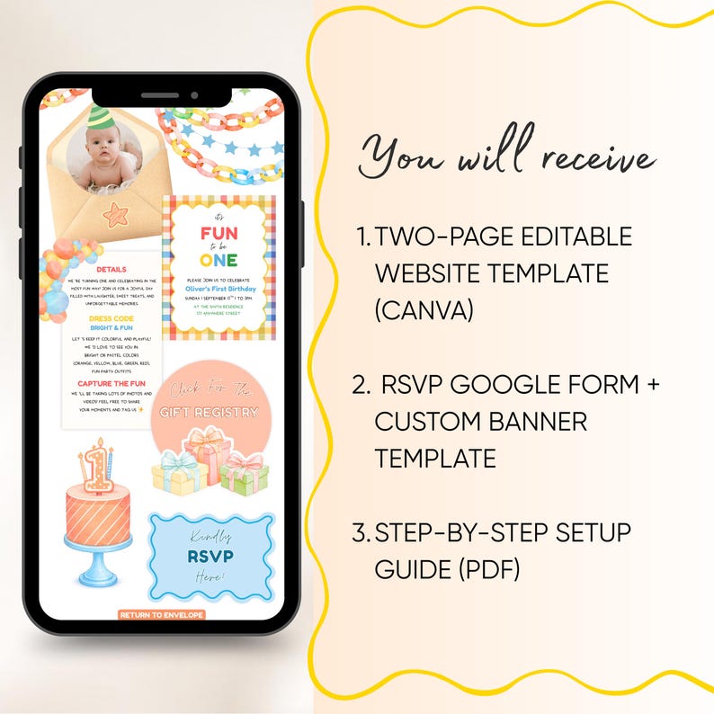 Fun to Be One First Birthday Website Invitation | Editable Canva Template (Digital Download) image 2