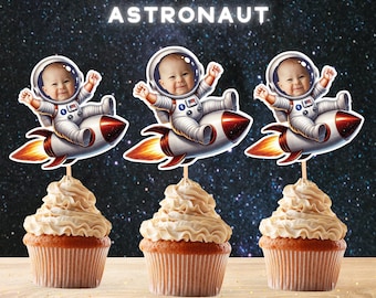 Astronaut Personalized Photo Cupcake Toppers: Space Birthday Decor (Digital File)