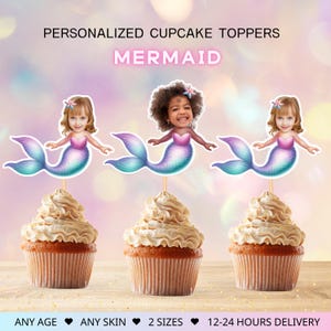 Mermaid Custom Face Cupcake Toppers: Mermaid Birthday Decor (Digital File)